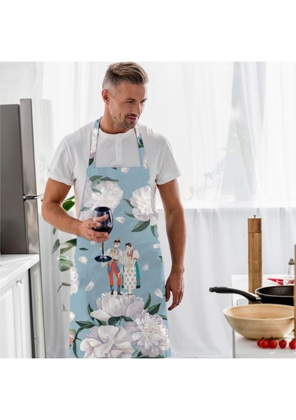 Blue-White Rose Mutfak Önlüğü (Beyaz Güllü, Keten Kumaş, Uluslararası Yıkama ve Solmama Sertifikası)