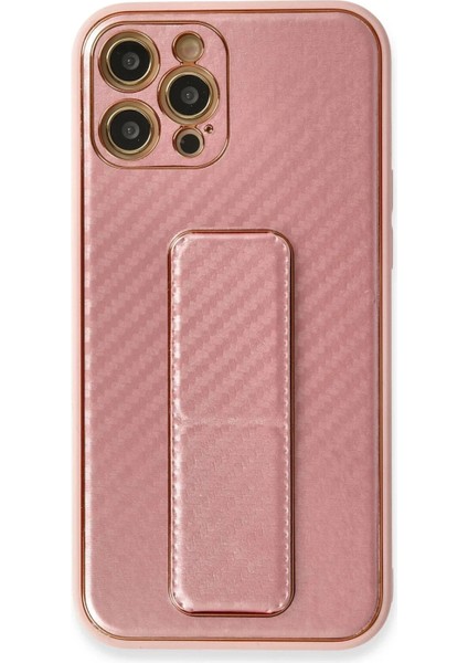 Newface iPhone 12 Pro Kılıf Coco Karbon Standlı Kapak - Pembe