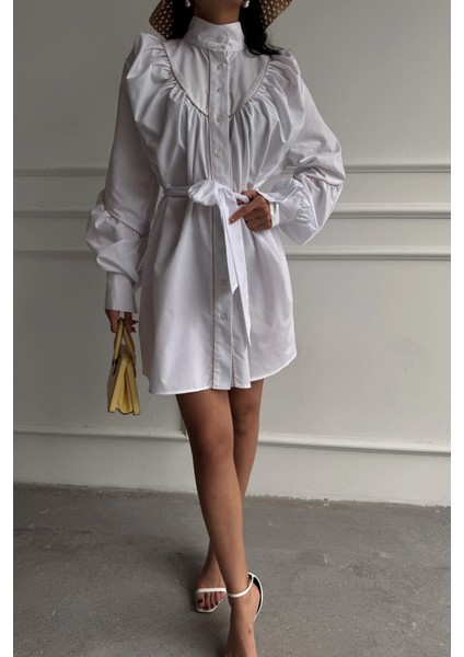 Önden Düğmeli Poplin Kloş Elbise Bağlama Kemer Detaylı - Beyaz modelleri
