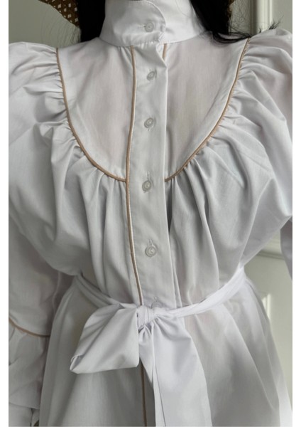 Önden Düğmeli Poplin Kloş Elbise Bağlama Kemer Detaylı - Beyaz fırsatları