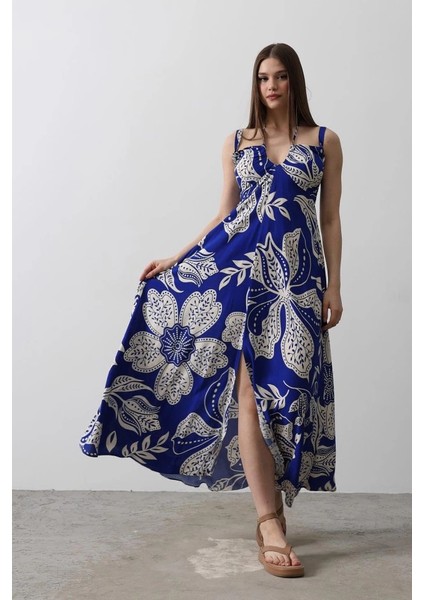 Askılı Viscon Elbise - Saks