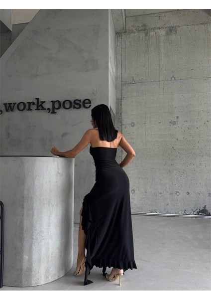 Strablez Sandy Elbise Yanları Katlı - Siyah