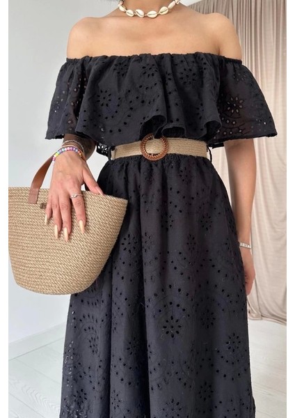 Siyah Omzu Lastikli Brode Elbise modelleri