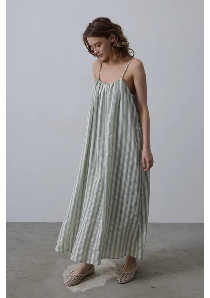 Askılı Çizgi Desen Elbise - Haki