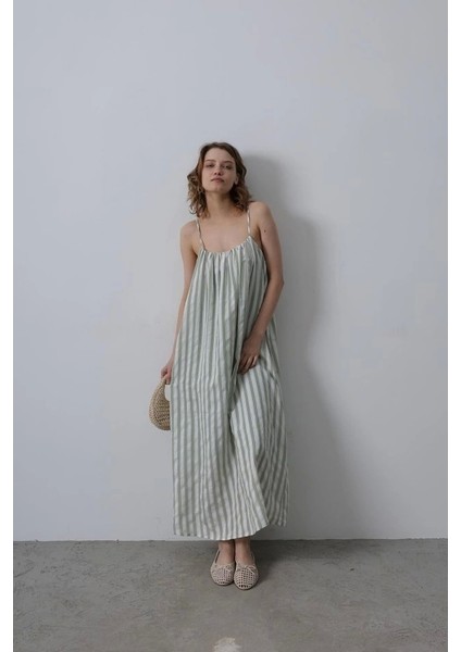 Askılı Çizgi Desen Elbise - Haki fiyatları