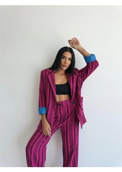 Ottoman Çizgili Ceket-Pantolon Tk - Fuşya
