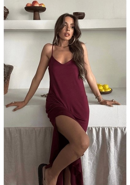 Kadın Siyah Asansör Askılı Çift Yırtmaçlı Helen Elbise modelleri