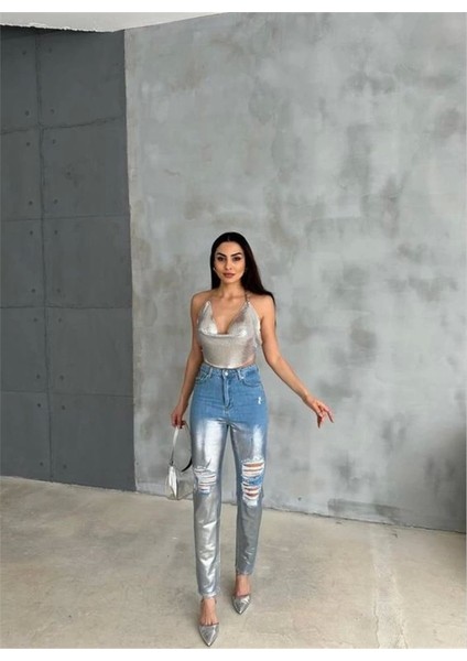 Diz Yırtık Varaklı Mom Kot Pantolon - Gümüş