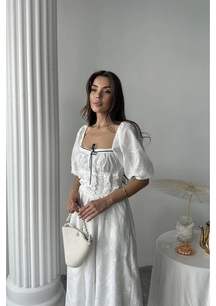 Beyaz Dantel Detaylı Brode Elbise fırsatları