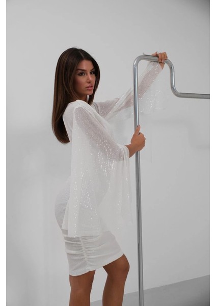 Yarasa Kol Kruvaze Sırt Dekolteli Pullu Elbise fiyatları