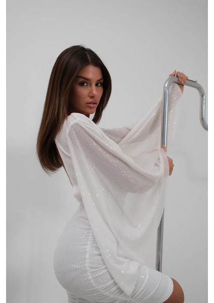 Yarasa Kol Kruvaze Sırt Dekolteli Pullu Elbise modelleri