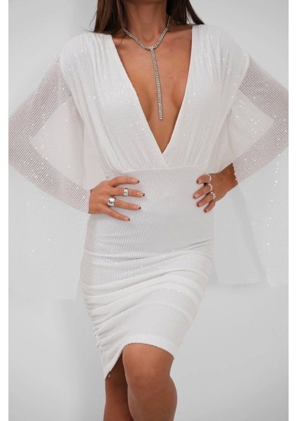 Yarasa Kol Kruvaze Sırt Dekolteli Pullu Elbise fırsatları