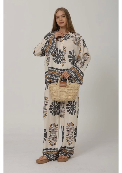 Desenli Kolları Volanlı Pantolon Takım - Antrasit