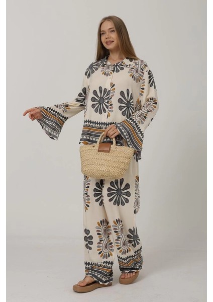 Desenli Kolları Volanlı Pantolon Takım - Antrasit fiyatları