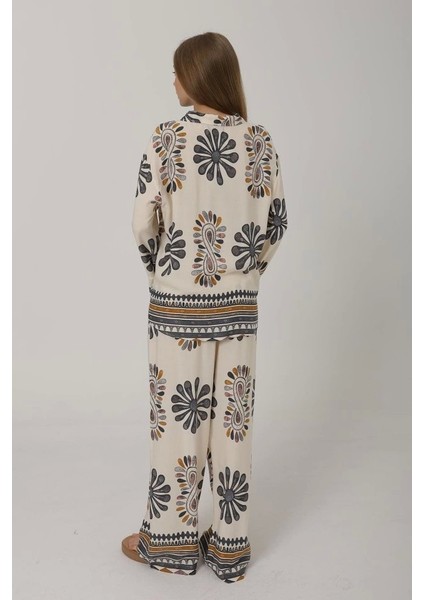 Desenli Kolları Volanlı Pantolon Takım - Antrasit modelleri