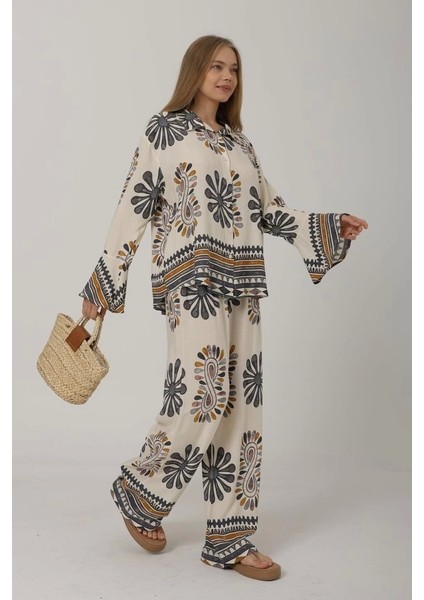 Desenli Kolları Volanlı Pantolon Takım - Antrasit fırsatları