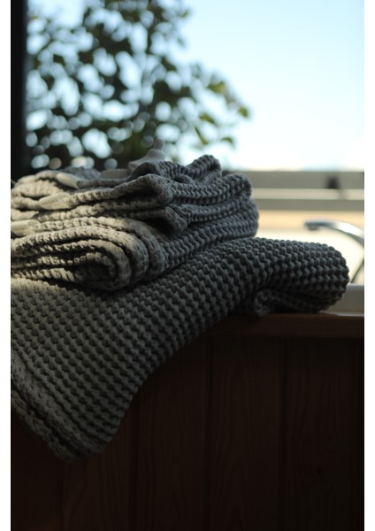 Premium Waffle %100 Pamuk 4’lü Antrasit Renk Banyo Havlu Seti modelleri