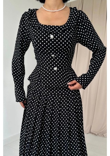 Siyah Puantiye Desenli Volanlı Elbise modelleri