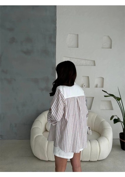 Gabardin Şort - Gabardin - Çizgili Keten Garnili Ceket Takım - Kahverengi fiyatları