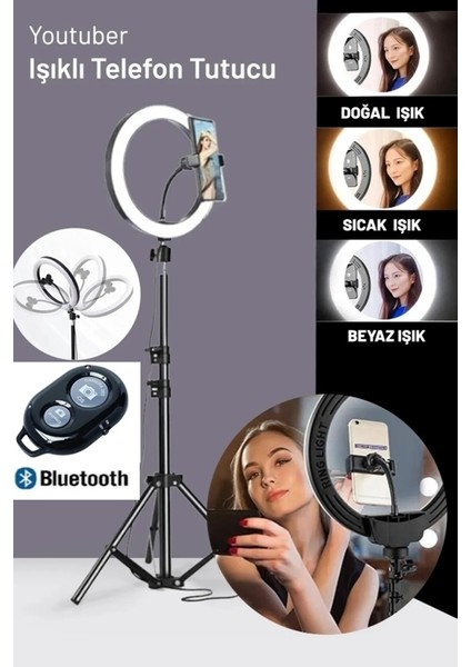 Boyu Ayarlanabilir 210CM LED Işıklı Telefon Tripodu Youtuber Tripod Fotoğraf Video Çekimi Telefon Tutucu Bluetootht Kumanda Hediye)