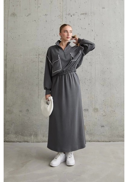 Füme Biyeli Sweatshirt ve Etek Takım