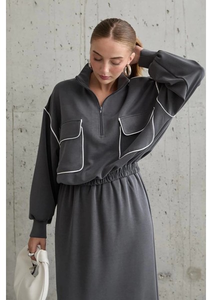 Füme Biyeli Sweatshirt ve Etek Takım modelleri