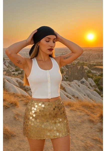 Kadın Düğme Detay Kaşkorse Kumaş Atlet