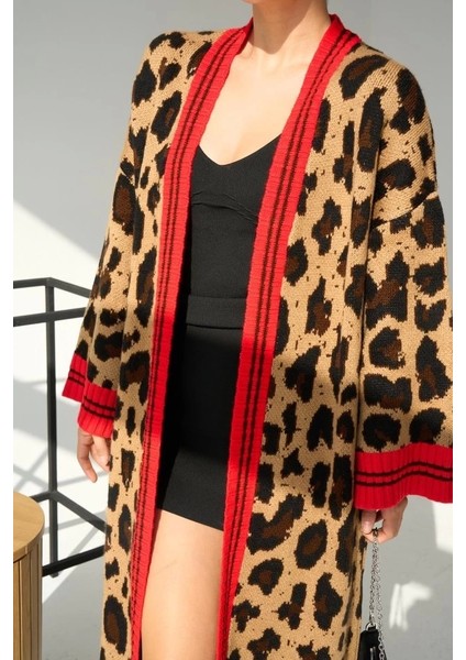 Uzun Leopar Hırka - Camel-Kırmızı fiyatları