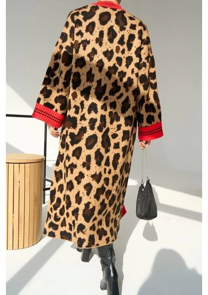 Uzun Leopar Hırka - Camel-Kırmızı fırsatları