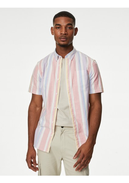 Saf Pamuklu Çizgili Oxford Gömlek