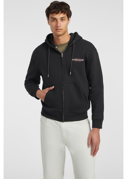 Erkek Gj Fermuarlı Kapüşonlu Logolu Sweatshirt - Siyah