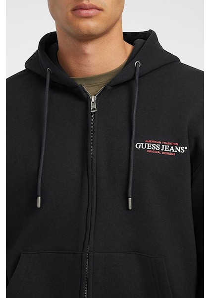 Erkek Gj Fermuarlı Kapüşonlu Logolu Sweatshirt - Siyah fırsatları