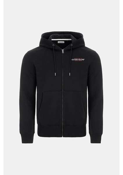 Erkek Gj Fermuarlı Kapüşonlu Logolu Sweatshirt - Siyah
