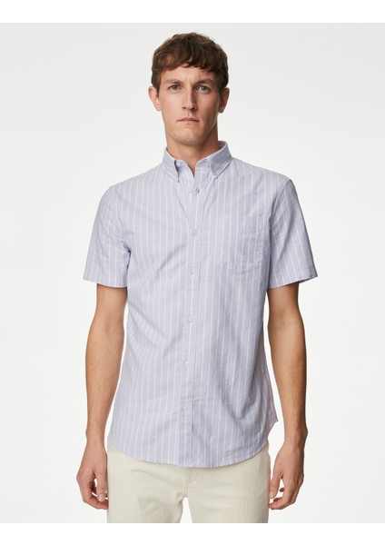 Saf Pamuklu Çizgili Oxford Gömlek