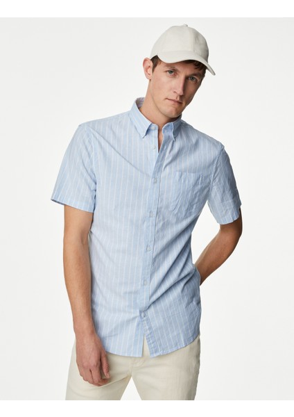 Saf Pamuklu Çizgili Oxford Gömlek