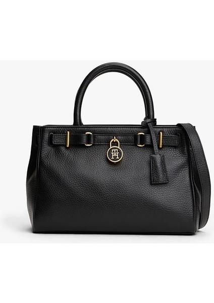 Kadın Kilit Detaylı Çakıl Dokulu Mini El Çantası - Siyah