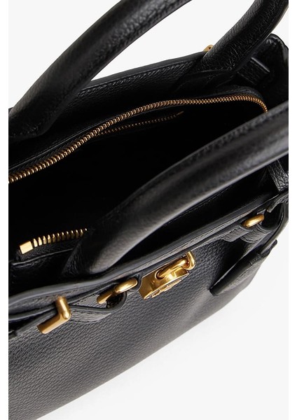 Kadın Kilit Detaylı Çakıl Dokulu Mini El Çantası - Siyah fırsatları