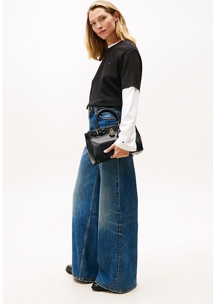 Kadın Kilit Detaylı Çakıl Dokulu Mini El Çantası - Siyah indirimleri