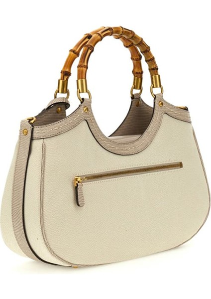 Kadın Bambu Saplı Kumaş Görünümlü Omuz Çantası - Bej