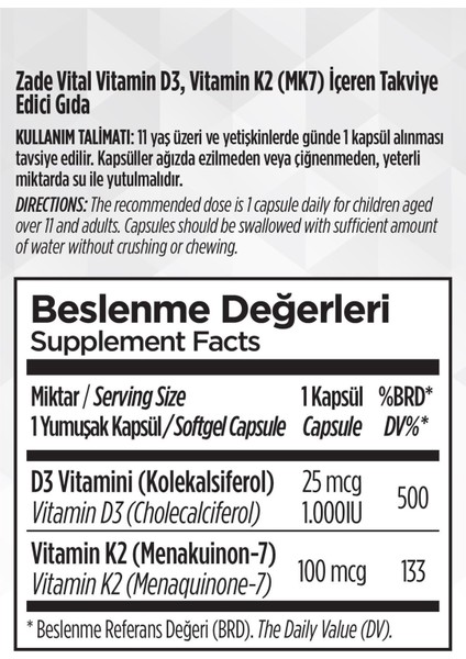 D3 + K2 Vitamini Içeren Takviye Edici Gıda 30 Yumuşak Kapsül fırsatları