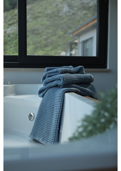 Premium Waffle %100 Pamuk 4’lü Deniz Mavisi Renk Banyo Havlu Seti