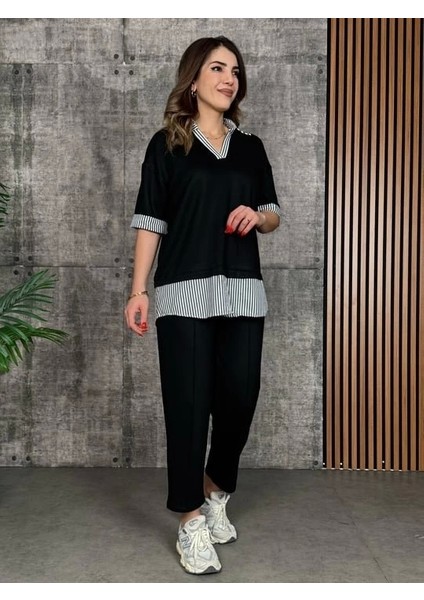 Kadın Modal Kumaş Çizgili Gömlek Yaka Ikili Takım