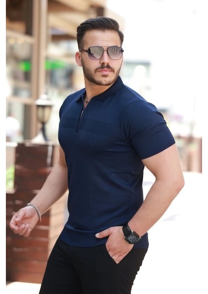 Erkek Göğüs Pirinç Desenli Fermuar Yakalı Kısa Kollu Tişört fiyatları