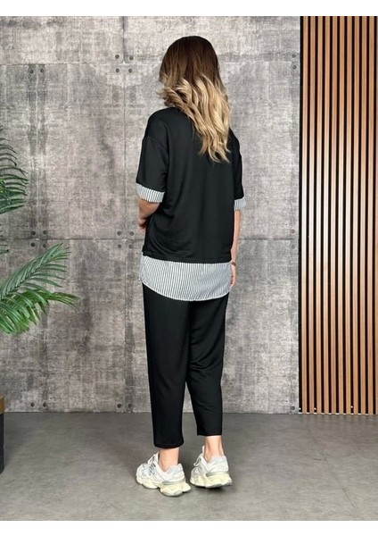 Kadın Modal Kumaş Çizgili Gömlek Yaka Ikili Takım fırsatları