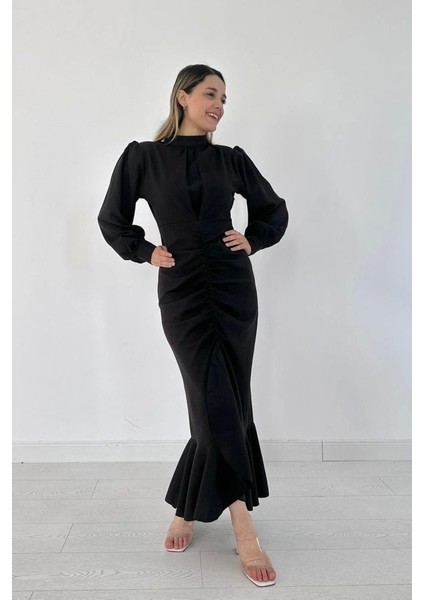Siyah Volanlı Uzun Kol Elbise fiyatları