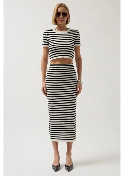 Çizgili Midi Dokulu Etek modelleri