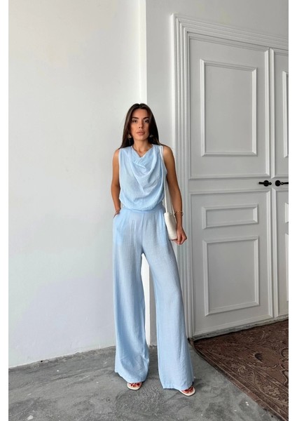 Degaje Yaka Kolsuz Bluz - Pantolon Takım - Mavi