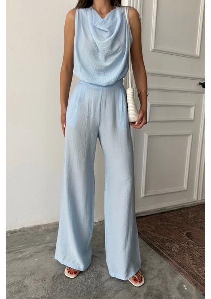 Degaje Yaka Kolsuz Bluz - Pantolon Takım - Mavi modelleri