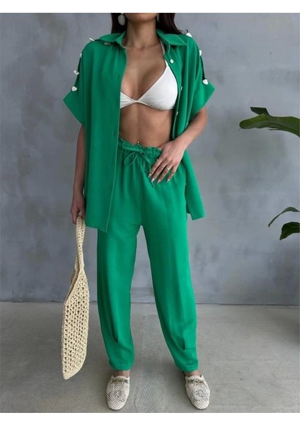 Omuz Midye Sıralı Bluz - Paça Pensli Pantolon Takım - Yeşil modelleri