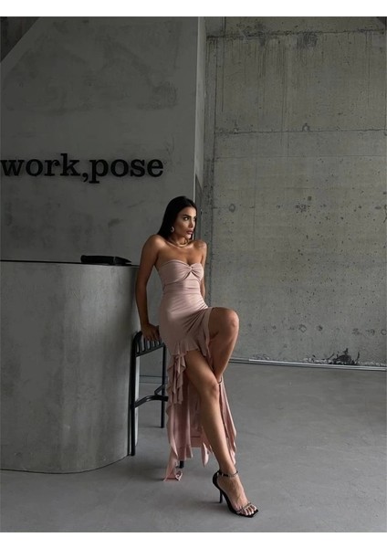 Strablez Sandy Elbise Yanları Katlı - Bej